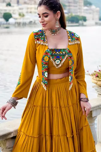 mustard rayon plain traditional lehenga choli with free size upto 42