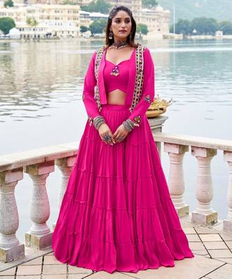 pink rayon plain traditional lehenga choli with free size upto 42 1
