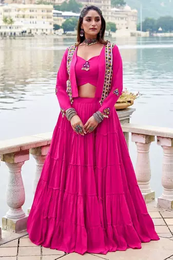 pink rayon plain traditional lehenga choli with free size upto 42