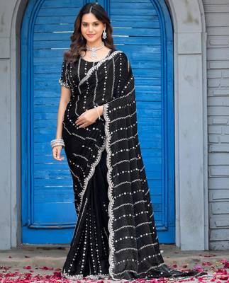 Indian black embellished pattern with border fandy satin saree with unstitched blouse 2