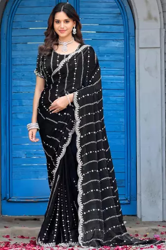 Indian black embellished pattern with border fandy satin saree with unstitched blouse