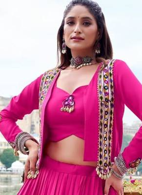 pink rayon plain traditional lehenga choli with free size upto 42 2