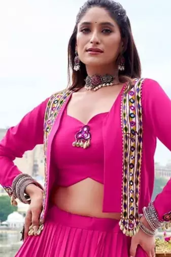 pink rayon plain traditional lehenga choli with free size upto 42