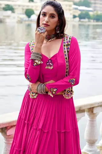 pink rayon plain traditional lehenga choli with free size upto 42