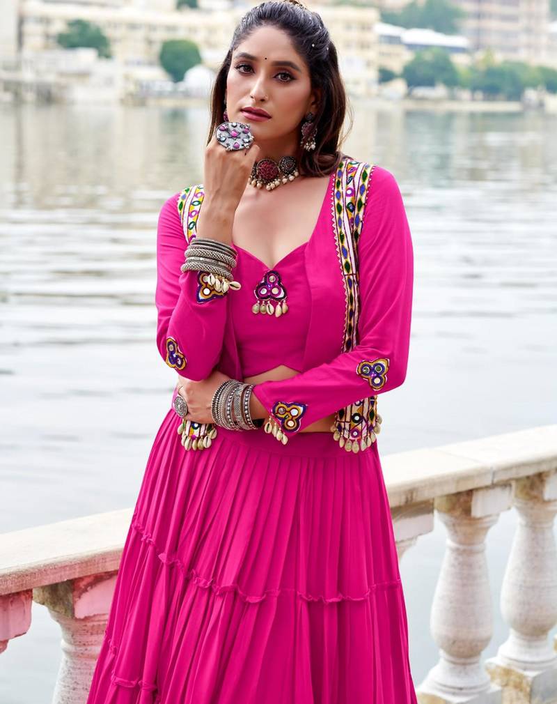 pink rayon plain traditional lehenga choli with free size upto 42