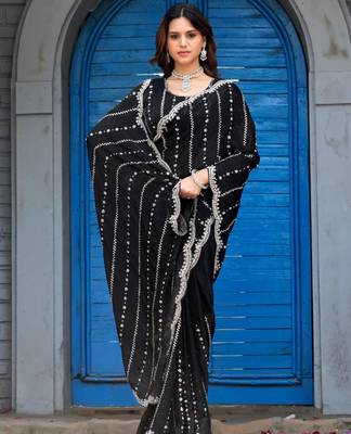 Indian black embellished pattern with border fandy satin saree with unstitched blouse 3