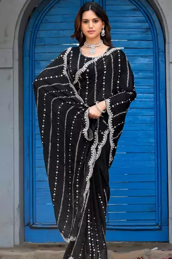 Indian black embellished pattern with border fandy satin saree with unstitched blouse