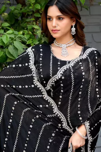 Indian black embellished pattern with border fandy satin saree with unstitched blouse