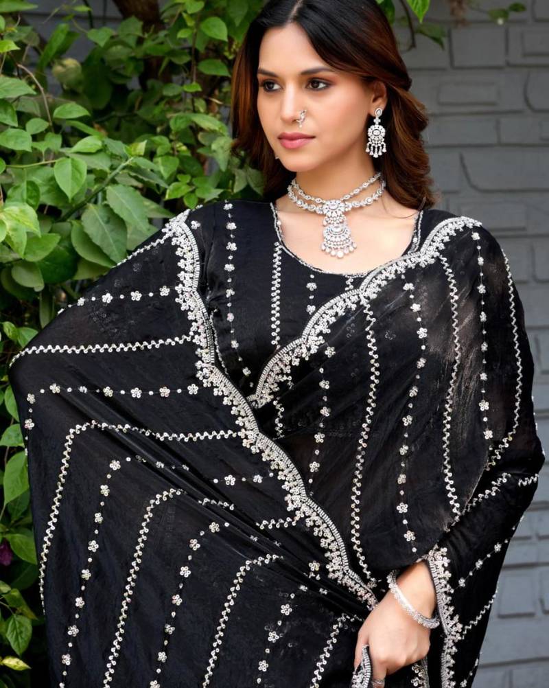 Indian black embellished pattern with border fandy satin saree with unstitched blouse