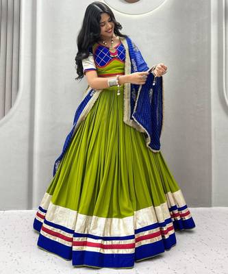 green cotton silk hand woven traditional lehenga choli with free size upto 44 1