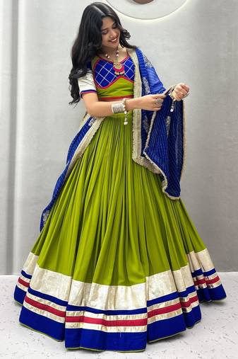 green cotton silk hand woven traditional lehenga choli with free size upto 44