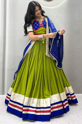 green cotton silk hand woven traditional lehenga choli with free size upto 44