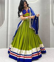 green cotton silk hand woven traditional lehenga choli with free size upto 44