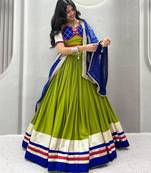 green cotton silk hand woven traditional lehenga choli with free size upto 44