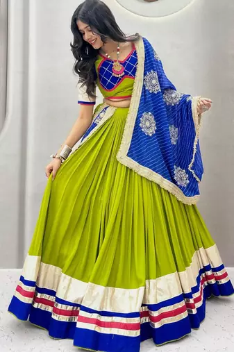 green cotton silk hand woven traditional lehenga choli with free size upto 44