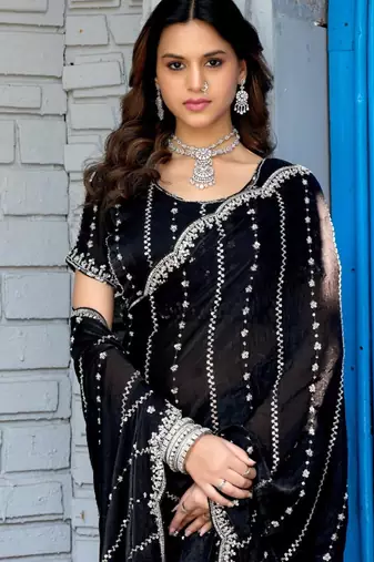 Indian black embellished pattern with border fandy satin saree with unstitched blouse