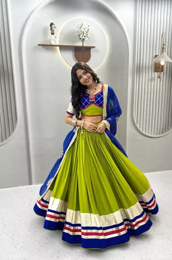 green cotton silk hand woven traditional lehenga choli with free size upto 44