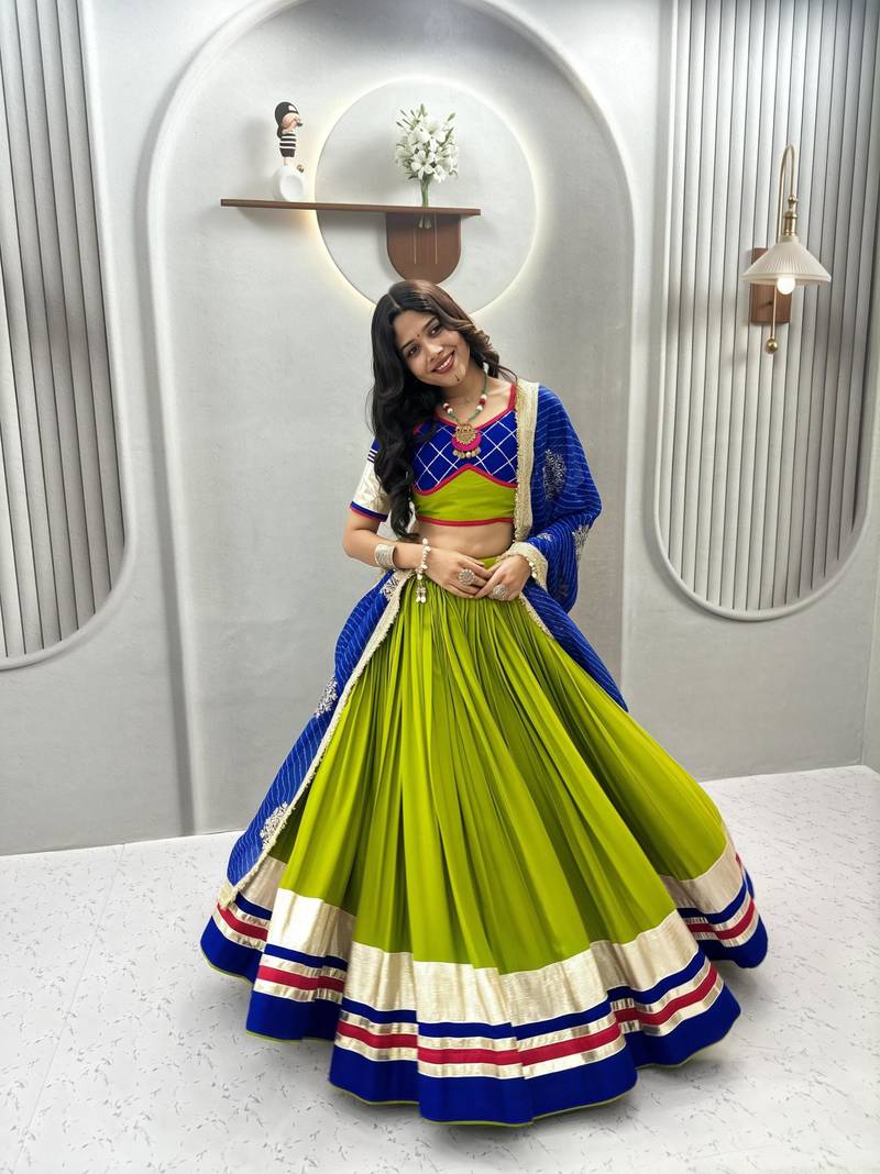 green cotton silk hand woven traditional lehenga choli with free size upto 44