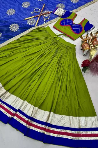green cotton silk hand woven traditional lehenga choli with free size upto 44