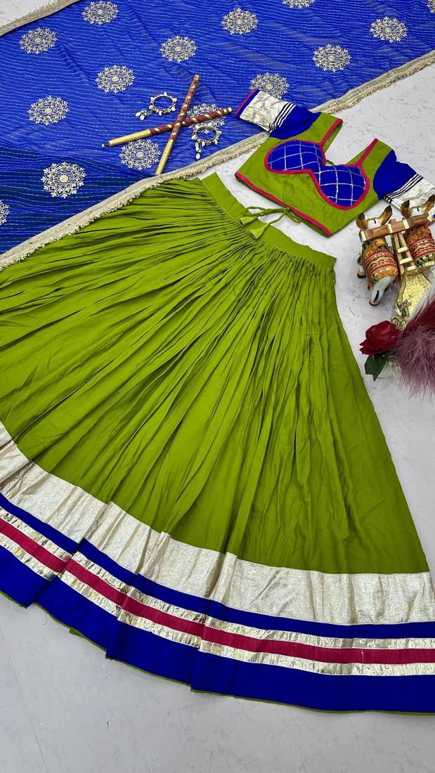 green cotton silk hand woven traditional lehenga choli with free size upto 44