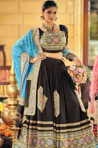 black rayon embroidered traditional lehenga choli with free size upto 42