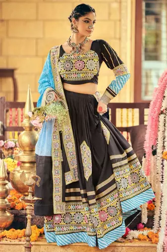 black rayon embroidered traditional lehenga choli with free size upto 42