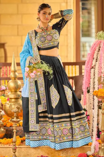 black rayon embroidered traditional lehenga choli with free size upto 42