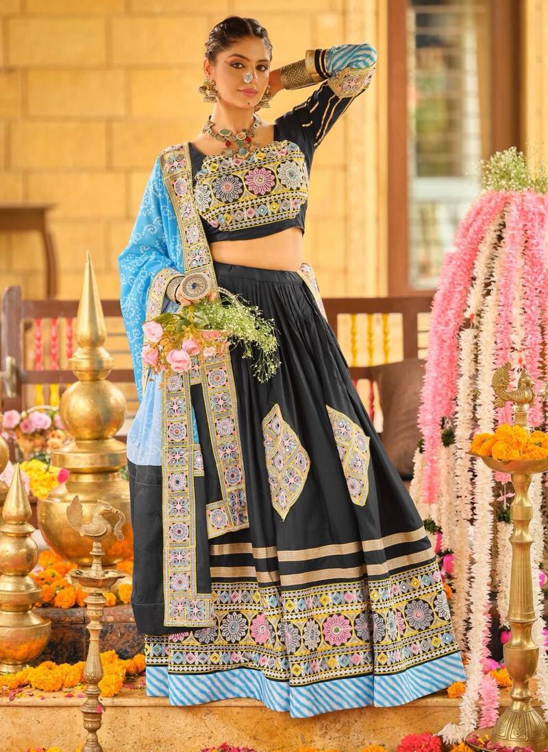 black rayon embroidered traditional lehenga choli with free size upto 42