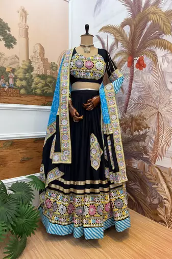 black rayon embroidered traditional lehenga choli with free size upto 42