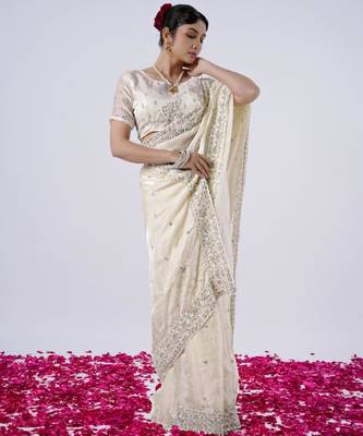 Latest cream designer border satin saree with unstitched blouse 1