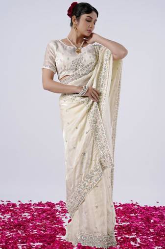 Latest cream designer border satin saree with unstitched blouse