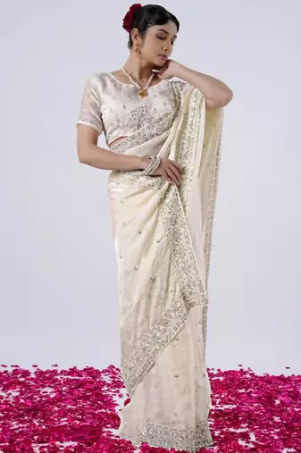 Latest cream designer border satin saree with unstitched blouse