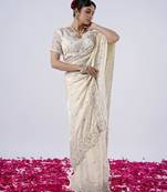 Latest cream designer border satin saree with unstitched blouse