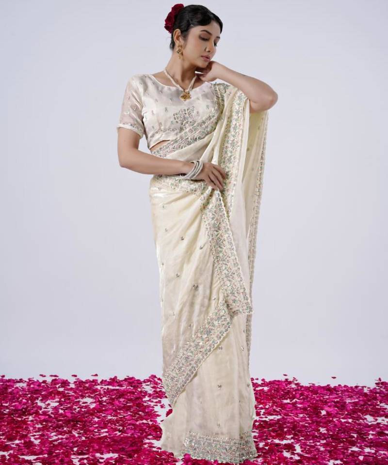 Latest cream designer border satin saree with unstitched blouse