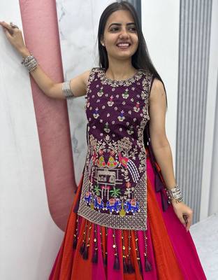 pink silk blend plain traditional lehenga choli with free size upto 42 1