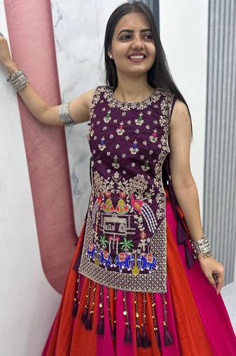 pink silk blend plain traditional lehenga choli with free size upto 42
