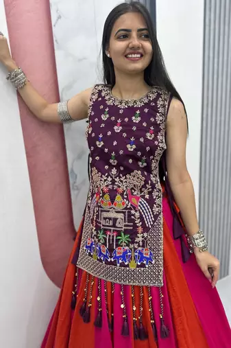pink silk blend plain traditional lehenga choli with free size upto 42
