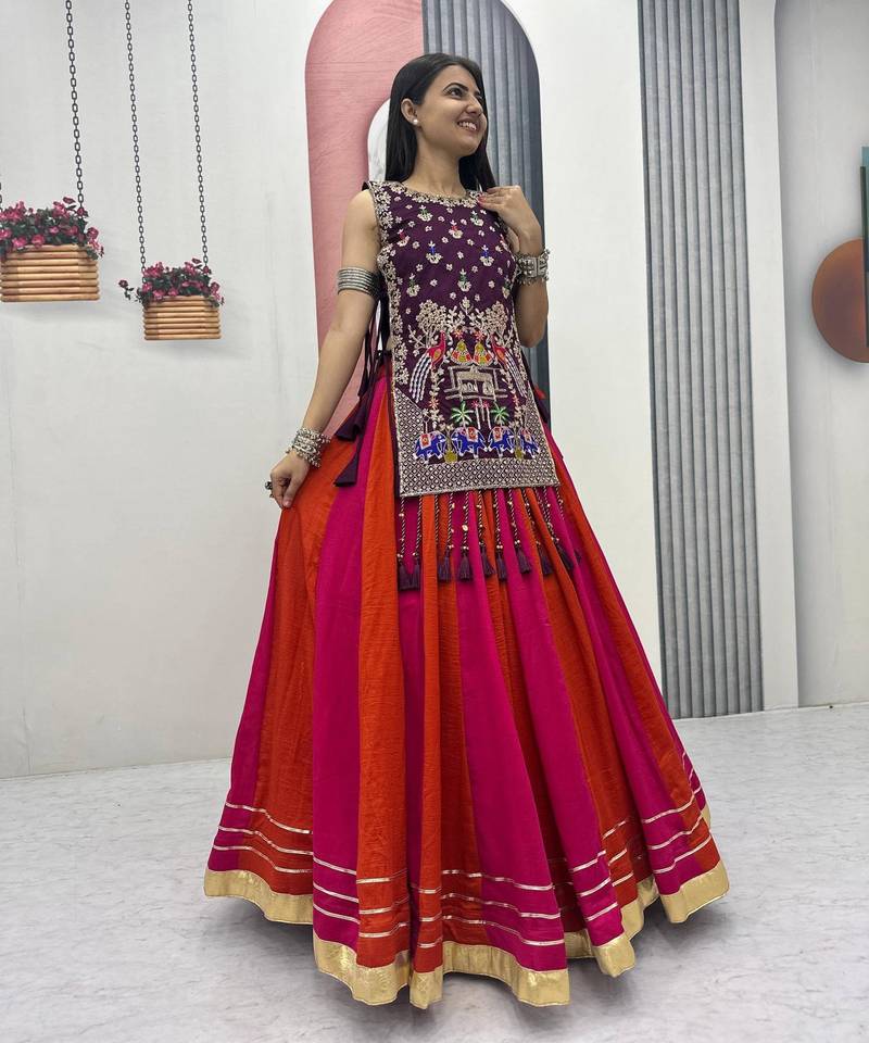 pink silk blend plain traditional lehenga choli with free size upto 42