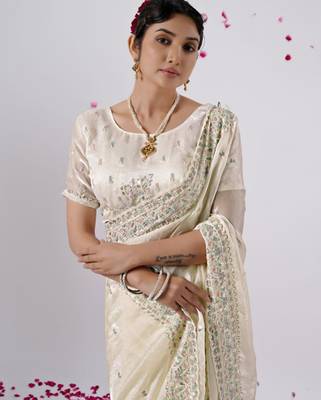 Latest cream designer border satin saree with unstitched blouse 2
