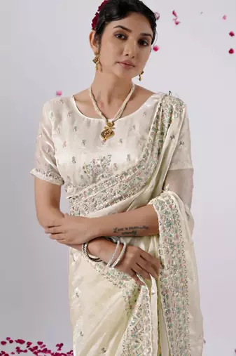 Latest cream designer border satin saree with unstitched blouse