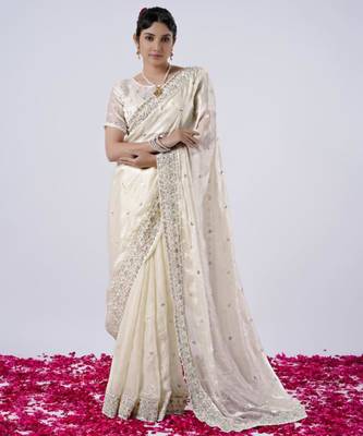 Latest cream designer border satin saree with unstitched blouse 3