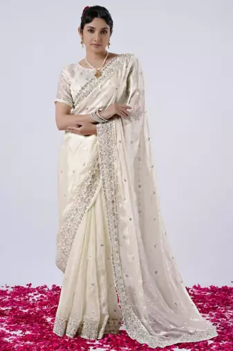 Latest cream designer border satin saree with unstitched blouse