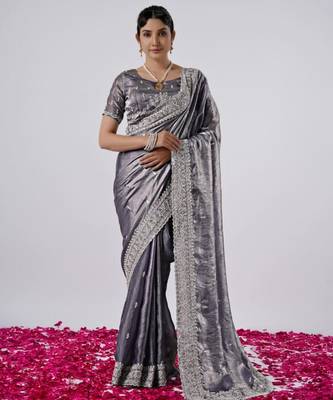 Pure grey designer border satin saree with unstitched blouse 1