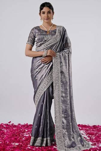 Pure grey designer border satin saree with unstitched blouse