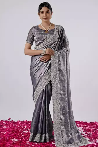 Pure grey designer border satin saree with unstitched blouse