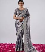 Pure grey designer border satin saree with unstitched blouse
