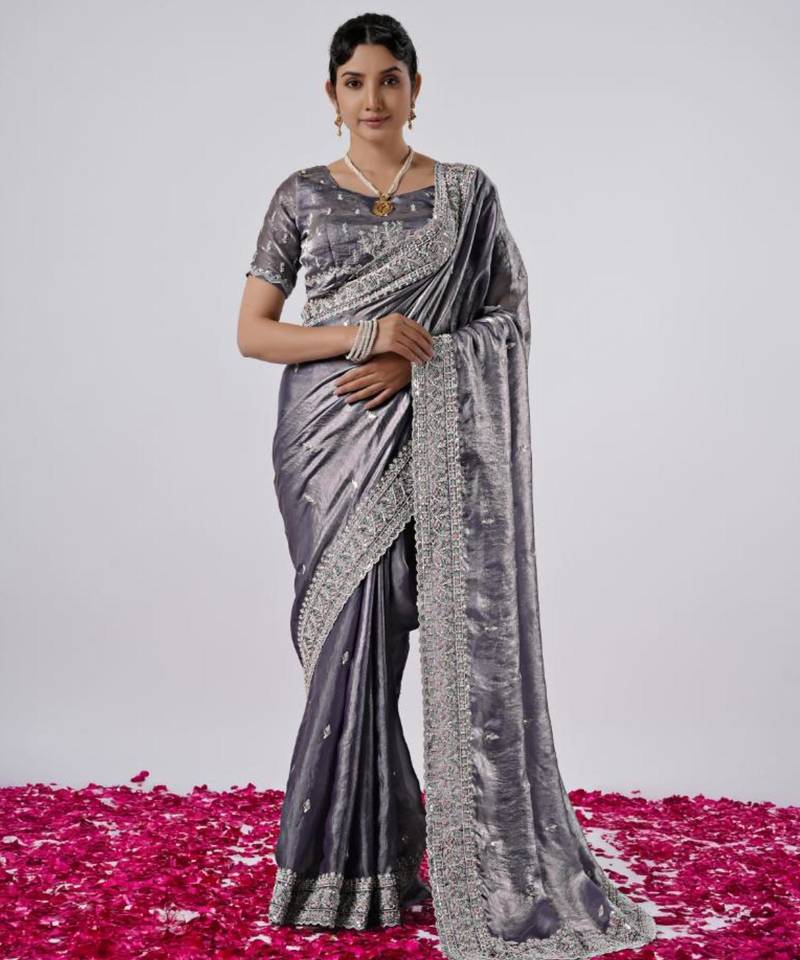 Pure grey designer border satin saree with unstitched blouse