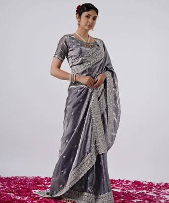 Pure grey designer border satin saree with unstitched blouse 2