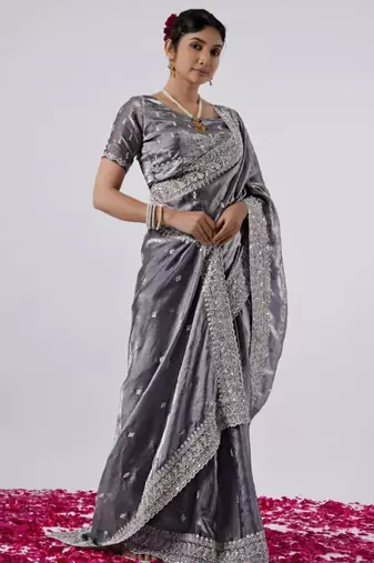 Pure grey designer border satin saree with unstitched blouse