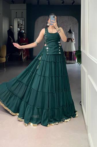 dark green rayon plain traditional lehenga choli with free size upto 42